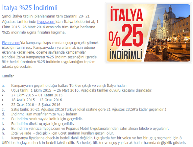 Pegasus'la İtalya'ya %25 İndirimli Kampanya Detayı.